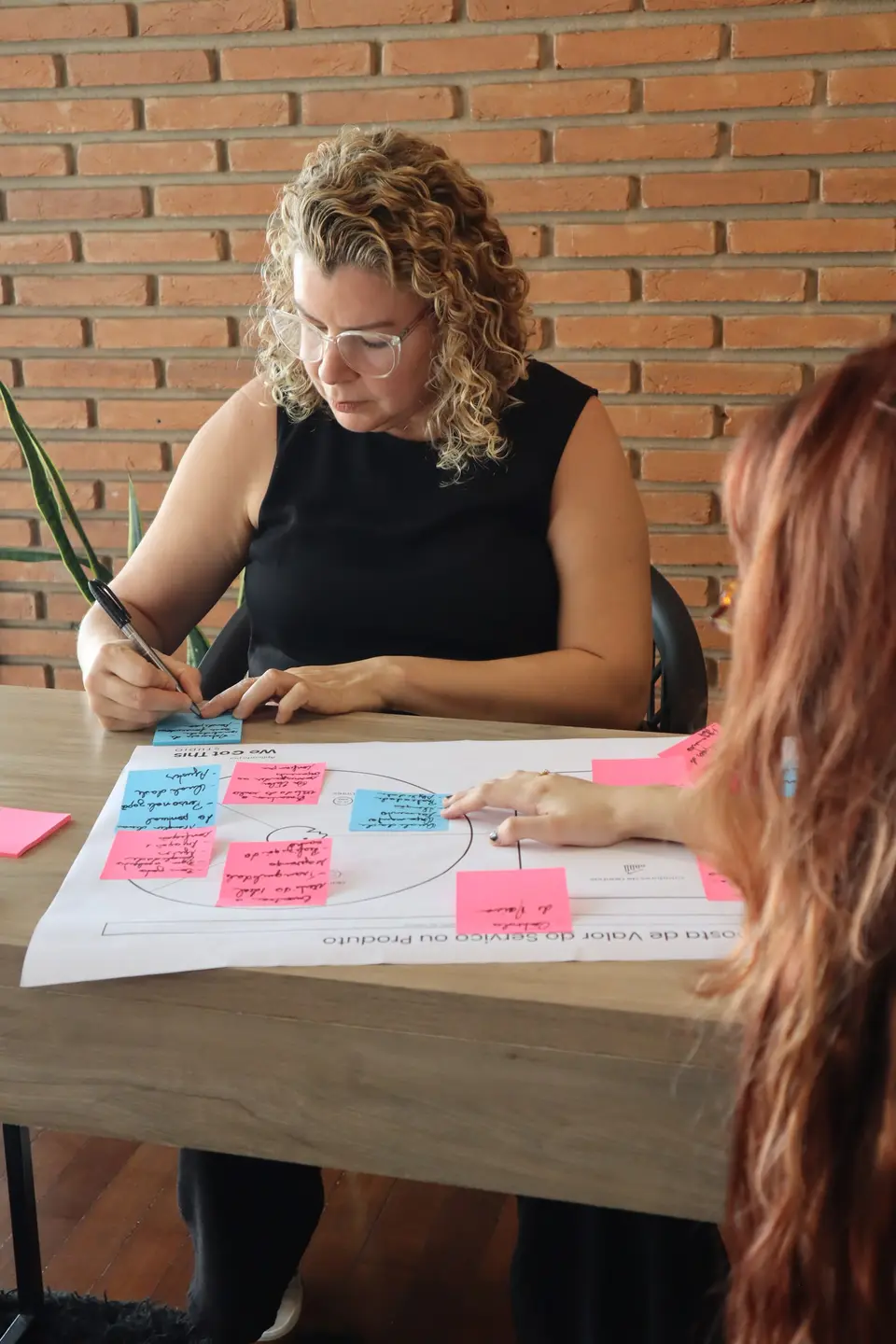 Dinâmica de cocriação: cliente escreve em post-its coloridos sobre um painel aberto na mesa.