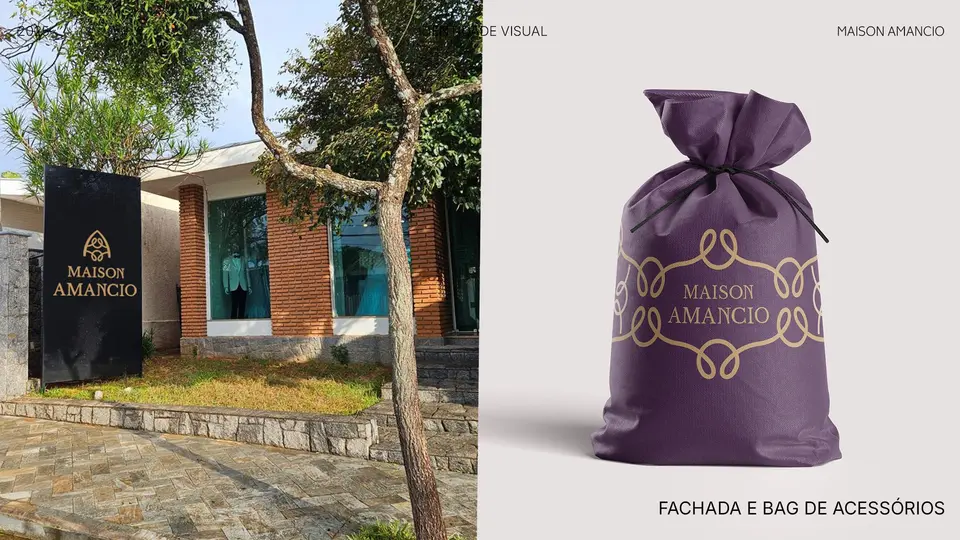 Fachada do ateliê com placa da Maison Amancio e bag roxa de acessórios com o logotipo.