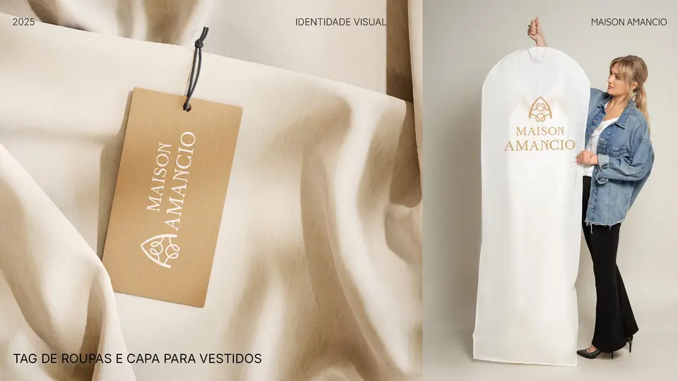Tag de roupa e capa para vestidos com a marca Maison Amancio; Eliane Amancio segura a capa.