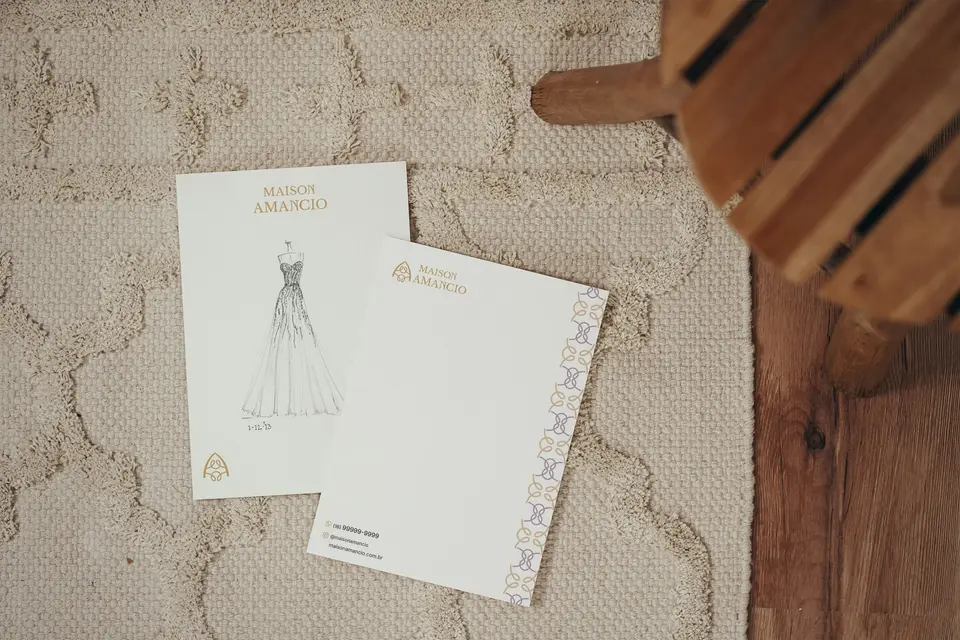 Papelaria da Maison Amancio: papel timbrado com ilustração de vestido de noiva e cartão, sobre um tapete texturizado.